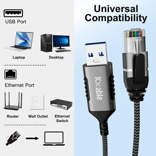 Vista 7 de Kxable Cable USB a Ethernet delgado de 4 pies, cable delgado USB 3.0 A a RJ45, conectado directamente, aluminio, trenzado, OFC, cable de red LAN USB
