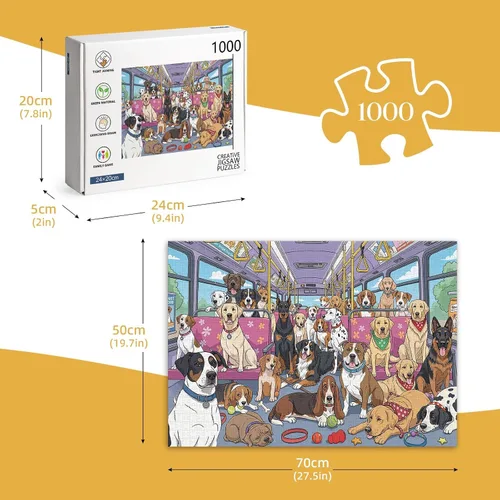 Vista 4 de Rompecabezas para Adultos de 1000 Piezas, Rompecabezas de Autobús de Perritos All-Star Arte Estilo Cómic, Rompecabezas Divertido Difícil Duro Único