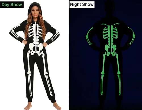 Vista 2 de Veseacky Conjunto de pijamas familiares a juego con diseño de esqueleto que brilla en la oscuridad, overol de Halloween con capucha y cremallera