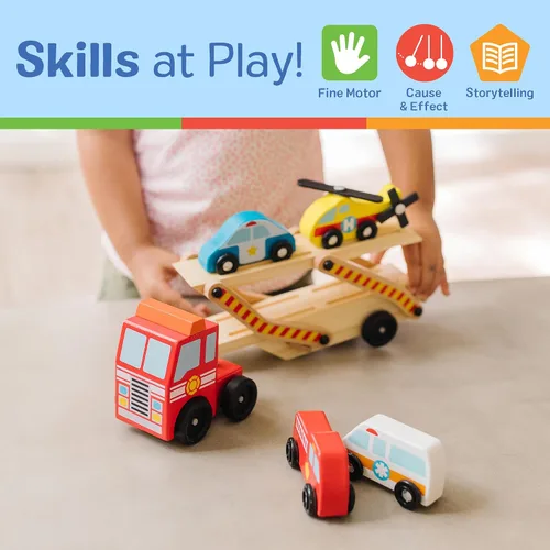Vista 10 de Melissa & Doug Emergency Vehicle Carrier camión de madera con 4 vehículos de rescate 5 Pieces, 2-Level Vehicle Carrier Truck, Wooden Rescue