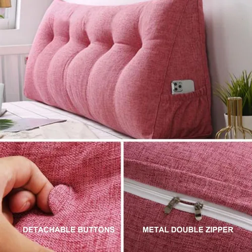 Vista 2 de Almohada triangular grande para cabecero de lectura, almohada de lino y algodón para sofá cama, cojín de apoyo de posicionamiento con funda Rosa