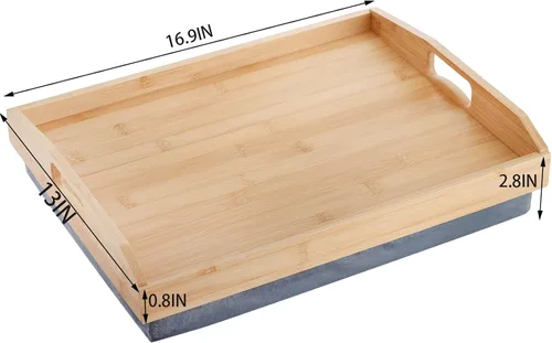 Vista 2 de Cedilis Bandeja de regazo de bambú con almohada desmontable, bandeja de servir de 16.9 x 13 pulgadas con asas para comer en la cama