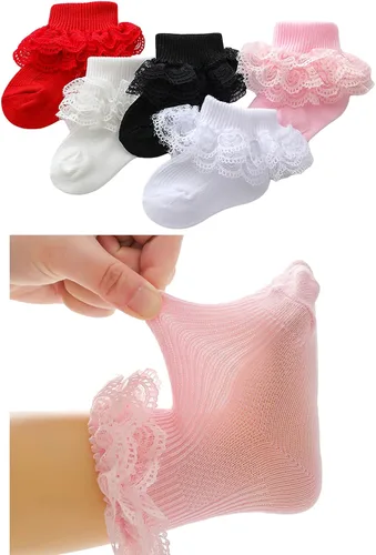 Vista 2 de Calcetines de encaje con volantes y volantes para bebé niña calcetines de triple encaje para vestido de tobillo para recién nacido paquete de 5