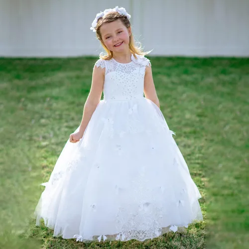 Vista 4 de Vestido de niña de flores, para niñas con cuentas y encaje, traje para certámenes.