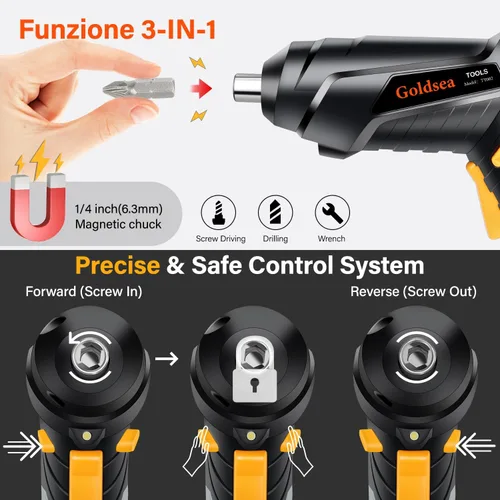 Vista 3 de Destornillador eléctrico Goldsea 4.2V inalámbrico 3.5N.m 1500mAh Carga tipo C 10 piezas de puntas de destornillador vástago hexagonal de 1/4" mango