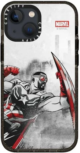 Vista 3 de CASETiFY Impact - Funda para iPhone 13 Mini [Marvel Colab / protección contra caídas de 8.2 pies/Magsafe] - Capitán América VS - Negro transparente