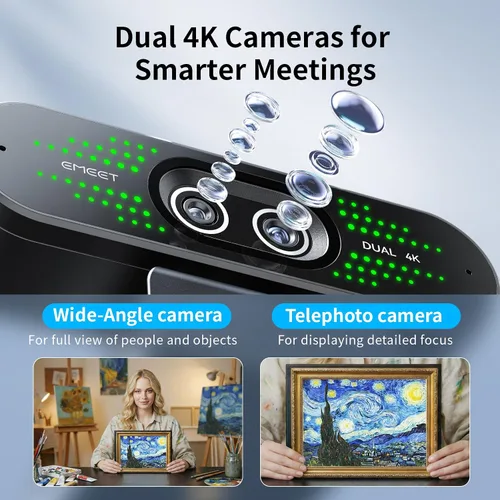 Vista 3 de EMEET NOVA 4K Cámara web 4K de doble cámara para PC, cámaras gran angular y teleobjetivo, zoom híbrido máximo 11X, enfoque PDAF, control remoto