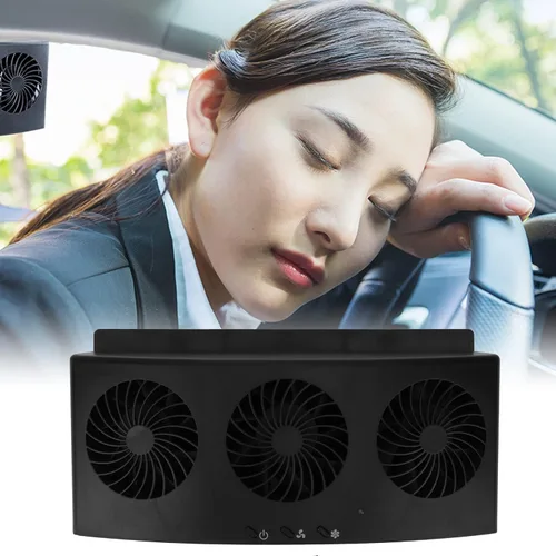 Vista 4 de FOUF Ventilador de coche, 3 ventiladores, 2 niveles, alimentado por energía solar, bajo ruido, buena disipación de calor, alimentado por USB, negro