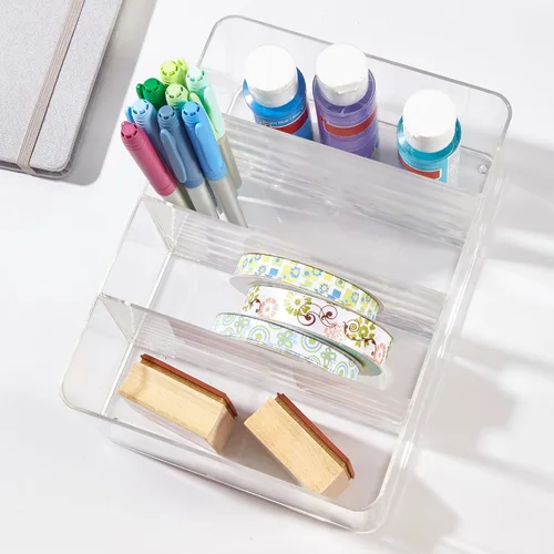 Vista 8 de STORi Organizador de plástico transparente de 4 compartimentos, contenedor de almacenamiento rectangular dividido para maquillaje y tocador, uso