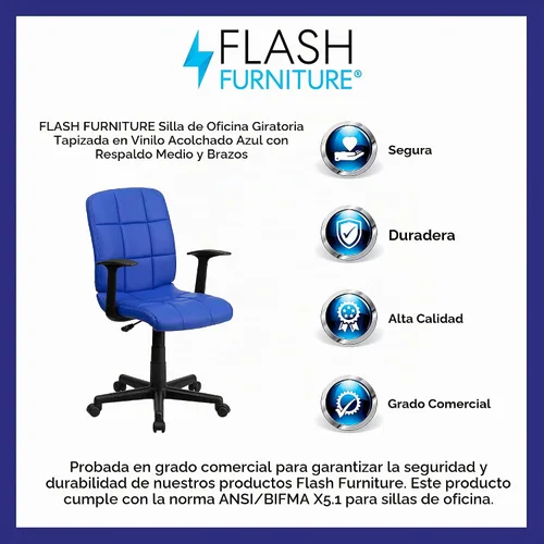 Vista 10 de Flash Furniture - Silla giratoria de respaldo medio de vinilo, acolchada, color negro Azul