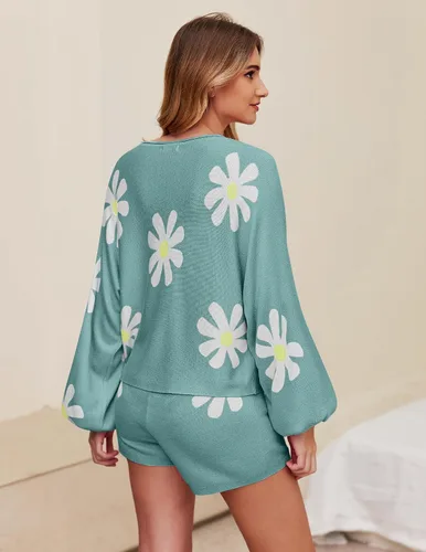 Vista 4 de Ekouaer - Conjunto de pijama de punto para mujer, ropa de descanso, sudadera de manga larga y pantalones a juego, casual, 2 piezas, tallas S-XXL