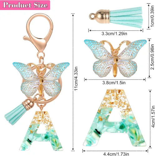 Vista 3 de MWOOT Llavero con letra inicial, alfabeto mayúscula, lámina dorada, dije de resina con dije de borla de mariposa, llavero verde de moda para mujeres