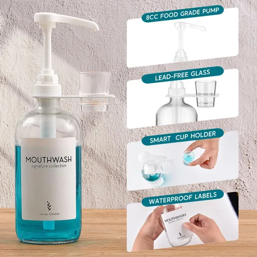Vista 5 de Dispensador de enjuague bucal de vidrio con portavasos y bomba, dispensador de enjuague bucal rústico bohemio de 16 oz para decoración de baño