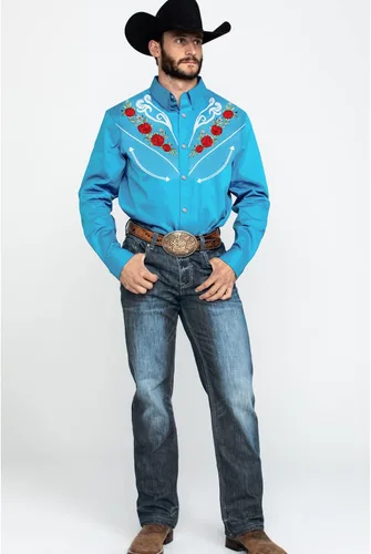 Vista 3 de KINGBEGA Camisas bordadas de manga larga para hombre, ajuste delgado, casual, con botones