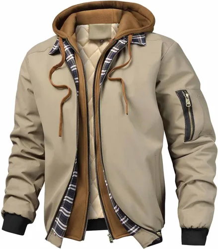 Vista 2 de Chaqueta bomber para hombre, casual, otoño, invierno, primavera, cremallera, ligera, acolchada, cortavientos, abrigos, abrigos, con capucha