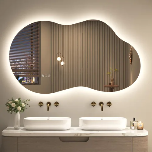 Vista 14 de SMIROR Espejo de Baño Retroiluminado Irregular con Luces 20 x 32, Espejo de Tocador con Luz LED Asimétrica en Forma de Nube para Pared