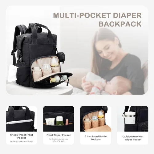 Vista 4 de VONAL Mochila de pañales, bolsas de pañales para bebés ligeras, bolsa de pañales grande para viajes con cambiador, mochila de pañales negra