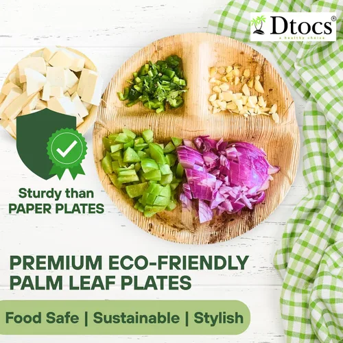 Vista 4 de Dtocs Platos de 3 Compartimentos (50 Pzas) Hoja de Palma Redondos de 10 Pulgadas Control de Porciones Platos Seccionales de Buffet Platos de Bambú
