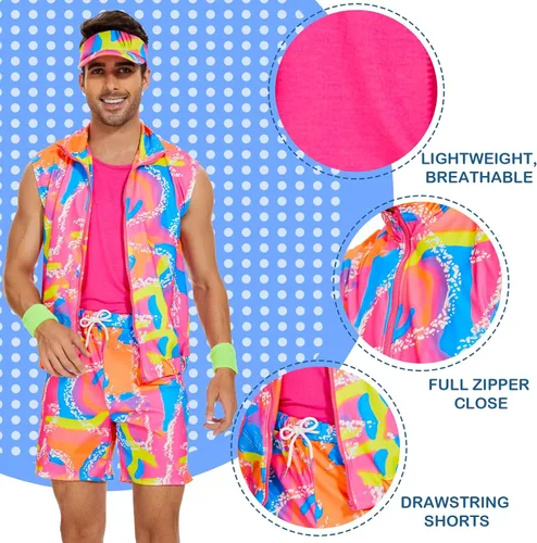 Vista 4 de 5 Pieces 80s Workout Costume for Men Halloween Cosplay 80s 90s Workout Outfit Party Clothing for Adult Mens