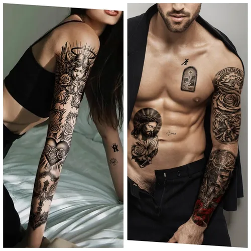 Vista 3 de Yazhiji 48 hojas de tatuajes temporales cristianos de brazo completo para adultos, tatuajes falsos de medio brazo religiosos de Jesús Cristo, cruz