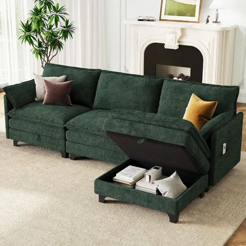 Vista 4 de Sofá modular moderno en forma de L de 106 pulgadas, sofá nube de felpilla con otomana de almacenamiento, sofás de asiento profundo con bolsillo Verde