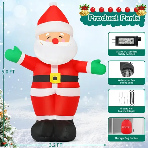 Vista 5 de GOOSH - Decoraciones inflables de Navidad de 1.5 m de Papá Noel al aire libre, Papá Noel inflable de pie para patio con luces LED integradas
