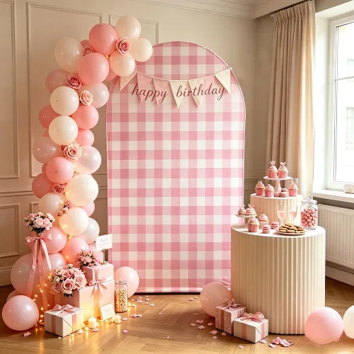 Vista 8 de Telón de fondo de arco Chiara, fundas elásticas de tela de elastano para puerta de granja para cumpleaños, baby shower, decoración de fiesta