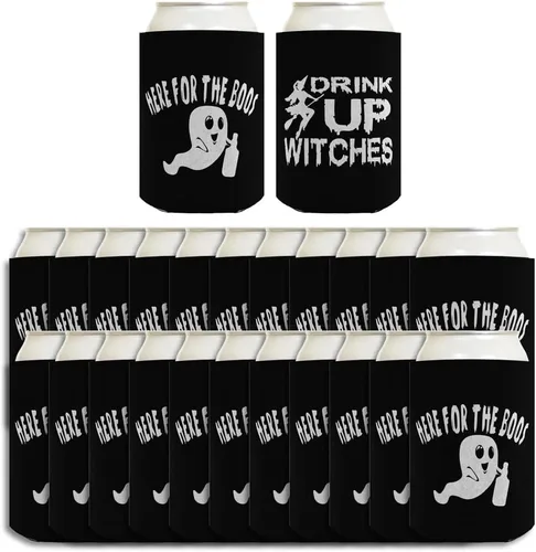 Vista 12 de Decoración espeluznante de Halloween Bebe brujas aquí para los abucheos 2 caras Paquete de 2 termoenfriadores ultra delgados para latas
