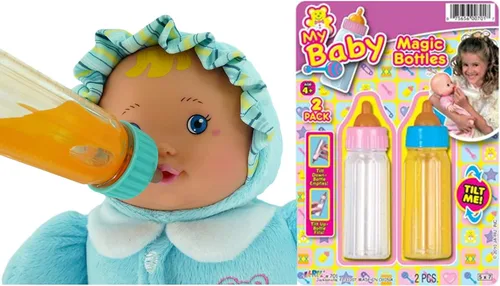 Vista 2 de Ja-Ru Biberones mágicos para muñecas de bebé, botella de leche y botella de jugo, accesorios para muñecas de bebé. Set con 2 botellas. 701-1