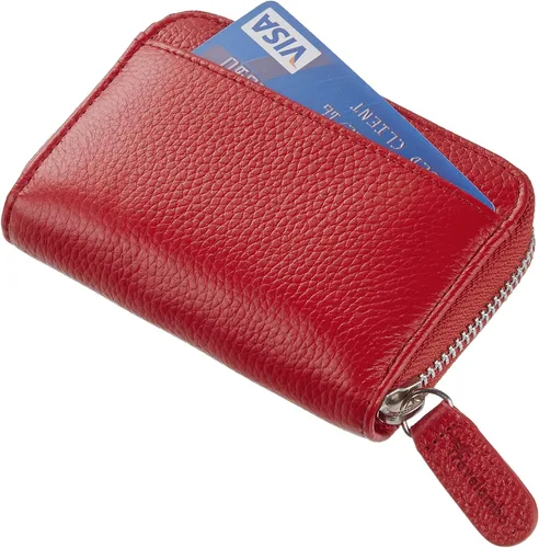 Vista 3 de Travelambo Funda de cuero genuino para monedas, cartera pequeña con cremallera YKK, Rojo, Moda