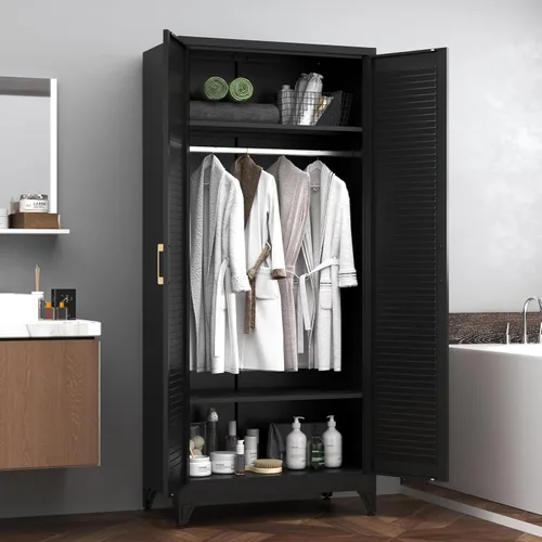 Vista 7 de SteeLoong Armario de metal de 71 pulgadas con barra para colgar, armario con puertas y estantes ajustables, armarios de almacenamiento de ropa negra
