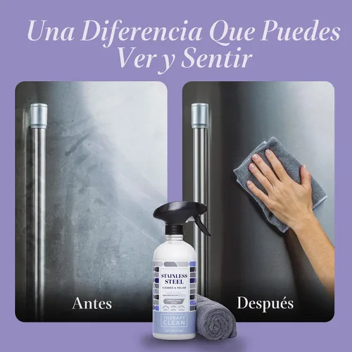 Vista 5 de Limpiador y abrillantador de acero inoxidable Therapy con gamuza de microfibra grande, 16 fl. oz. 100% USDA Biobased. Removes fingerprints &