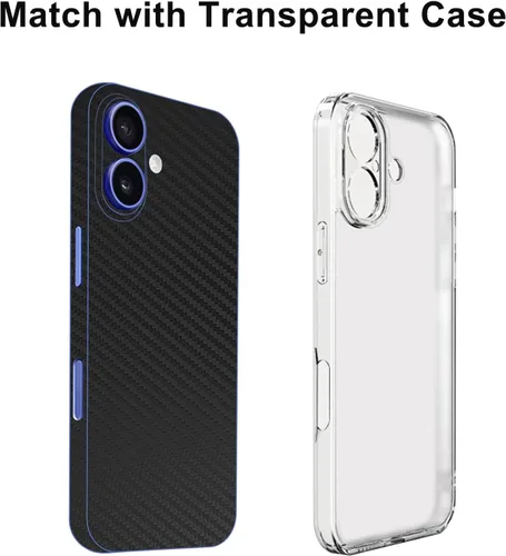 Vista 4 de Envoltura de piel de fibra de carbono negra compatible con iPhone (16) Cubierta protectora de la etiqueta de la película, calcomanía de vinilo