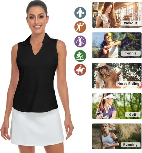 Vista 8 de Soneven Camisas de golf sin mangas con estampado que absorbe la humedad, cuello en V, camisas polo de golf con espalda cruzada