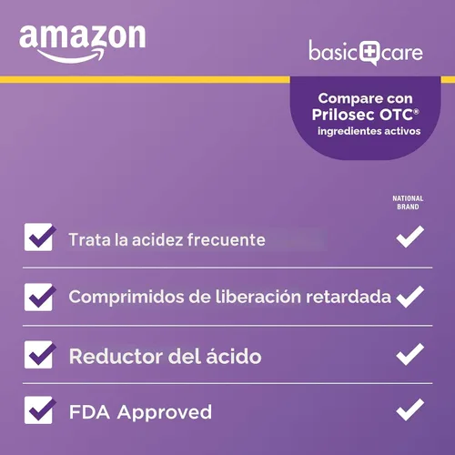 Vista 2 de Amazon Basic Care Omeprazol Comprimidos de liberación retardada de 20 mg, reductor de ácido, 14 unidades (el embalaje puede variar)