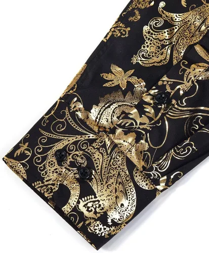 Vista 5 de Bolcguri Camisa de vestir brillante para hombre, camisa de vestir de lujo con estampado barroco, camisas de manga larga con botones S-3XL