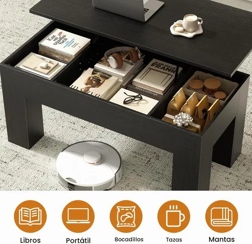 Vista 6 de FABATO - Mesa auxiliar rectangular elevable de 41.7 pulgadas, compartimento oculto, color negro Mesa de centro moderna de madera, mesa central