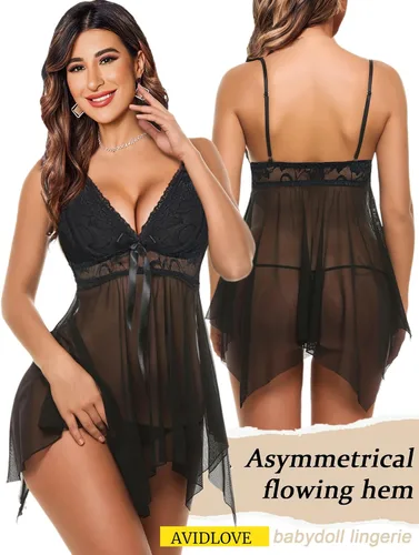 Vista 3 de Camisón Avidlove, lencería de encaje, babydoll, cuello en V, satinado, para mujer
