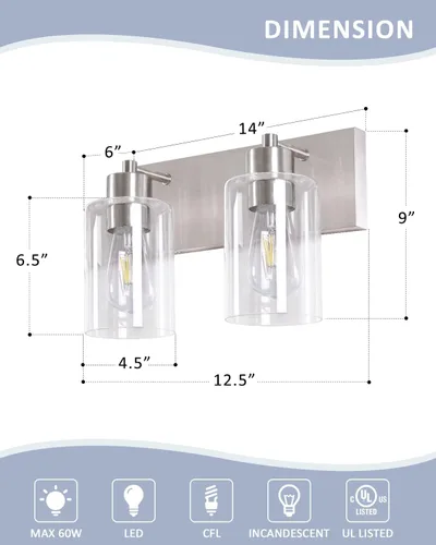 Vista 9 de Lámparas de baño, lámpara de tocador de 2 luces de níquel cepillado, apliques de pared modernos con pantalla de vidrio transparente para pasillo