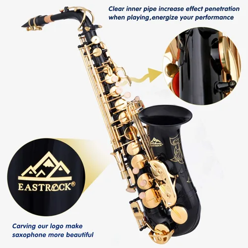 Vista 3 de EASTROCK Saxofón Alto Negro/Dorado Mi Bemol Kit Completo para Estudiantes Principiantes con Estuche de Transporte, Boquilla, Almohadillas Cojín