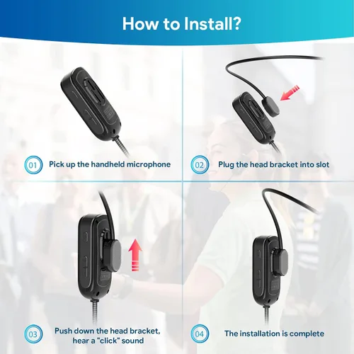 Vista 6 de 1Mii Auriculares de micrófono inalámbrico, micrófono de auriculares inalámbricos 2.4G y micrófono de mano 2 en 1, rango de 165 pies, enchufe de 1/8