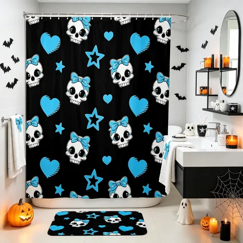 Vista 34 de Happy Halloween Shower Curtain,Bowknot Snowflake Pattern Bathroom Curtains,Sweet Ghost Holiday Theme Waterproof Bath Curtain,Black Bathroom Curtains