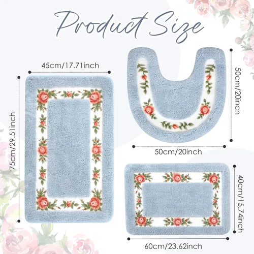 Vista 2 de Drydiet Juego de 3 alfombras de baño con rosas y flores coquetas, decoración floral para baño, dormitorio, sala de estar, tapete de baño floral Azul
