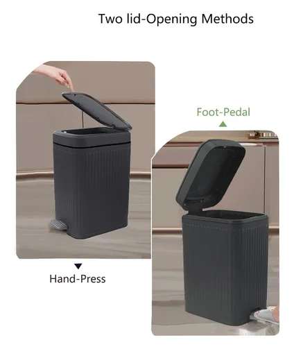 Vista 4 de Feisco Cubo de basura pequeño con tapa, cubo de basura pequeño para baño con pedal y tapa tipo prensa, cubo de basura delgado para cocina, baño, Gris