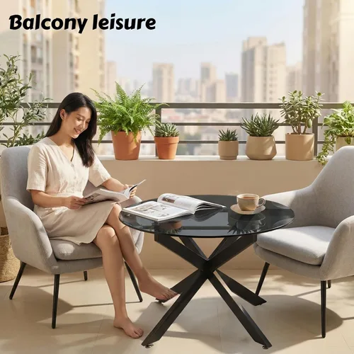 Vista 6 de Mesas de centro de cristal redondas y negras para sala de estar, oficina en casa, mesa central moderna y simple con parte superior de vidrio