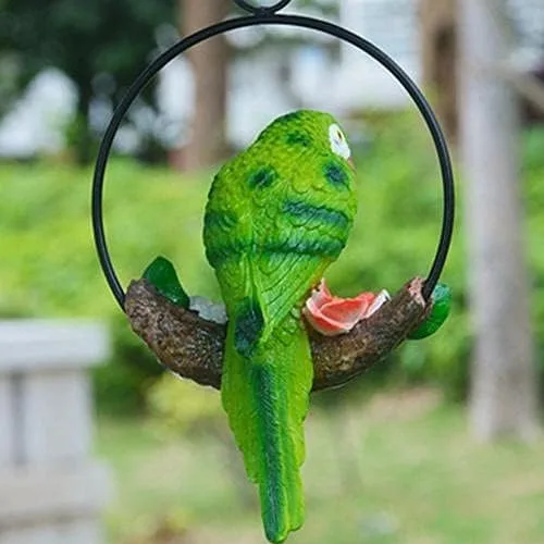 Vista 6 de Estatua de loro colgante de jardín posada en rama en anillo redondo de metal, modelo de animal, escultura para amantes de la naturaleza, pájaro