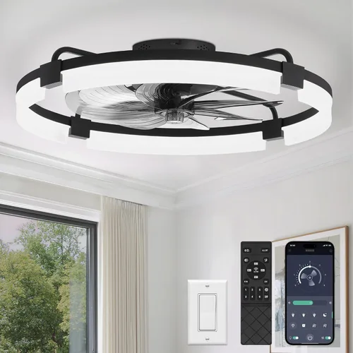 Vista 10 de LEDIARY Ventiladores de techo de bajo perfil de 19.7 pulgadas con luces y control remoto, 6 velocidades, 3 CCT, reversible, regulable, ventilador