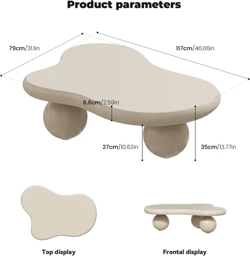 Vista 2 de Mesa de café en forma de nube blanca crema Mesa de café irregular Mesa de centro irregular de madera moderna y bonita con 3 patas esféricas