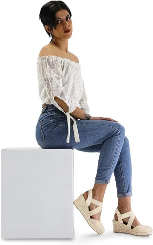 Vista 4 de mysoft Women's Closed Toe Crisscross Elastic Ankle Strap Platform Espadrille Wedge Sandals