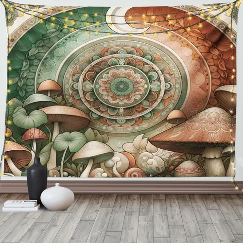 Vista 164 de Ambesonne Tapiz hippie, abrazo de hongos de ensueño y árbol de la vida místico y mandal verde, decoración de tela para colgar en la pared